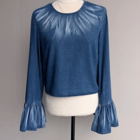Buffalo David Bitton Tie Dye Chambray Bell Sleeve 70s Inspired Denim Blouse - Picture 1 of 5